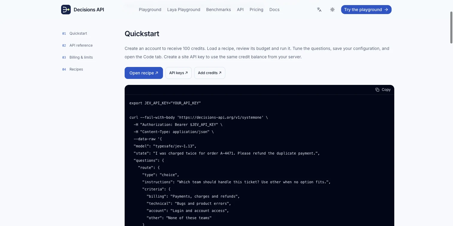 Actual decisions-api.org API quickstart with its key creation and request documentation