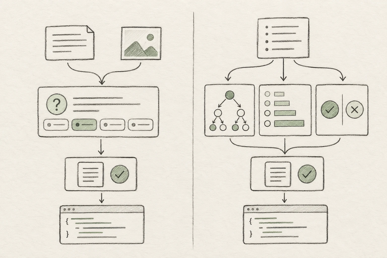 Pencil sketch comparing the OpenAI preview path with Jev’s published typed-decision API