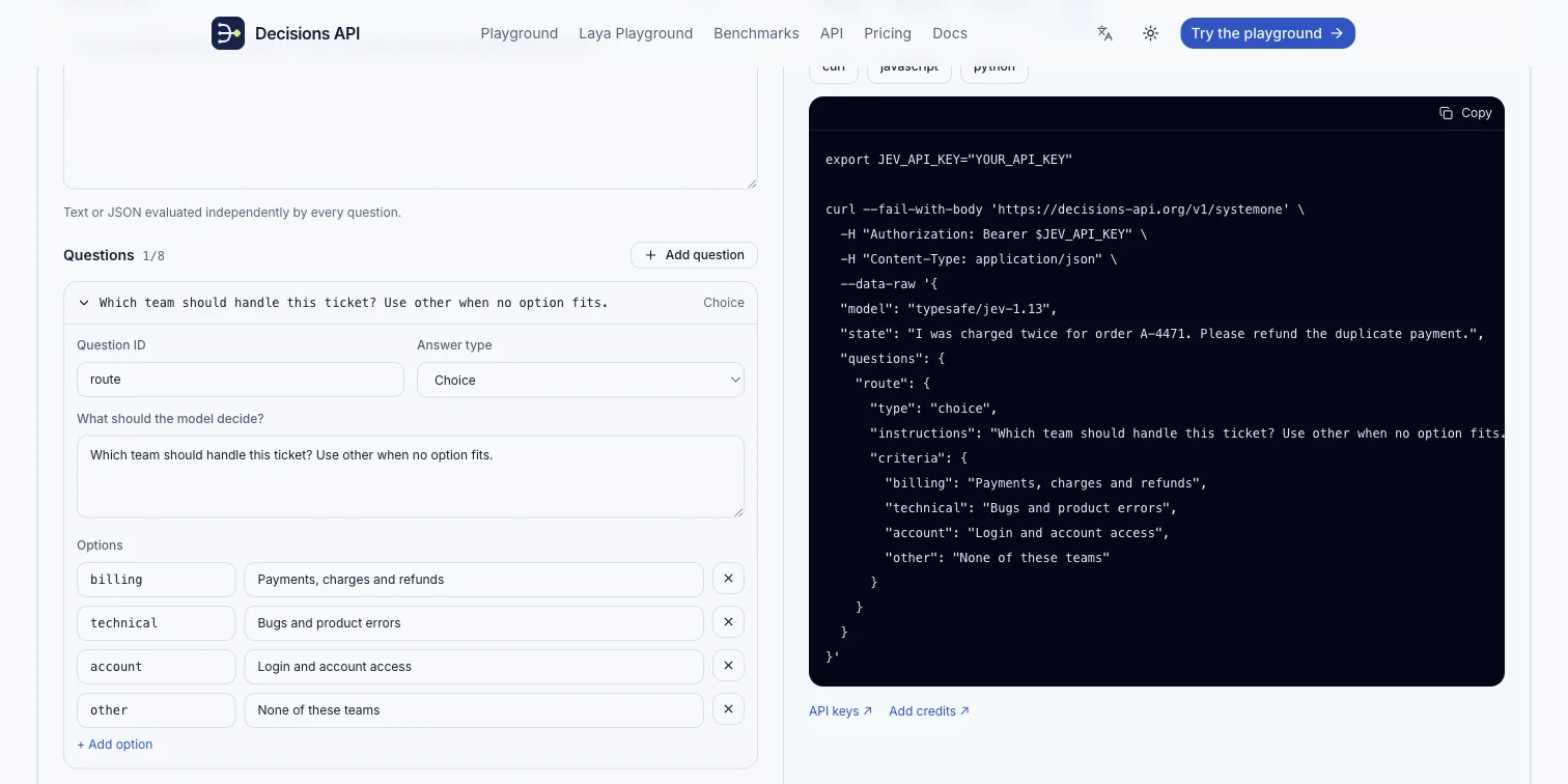 Actual decisions-api.org generated code view for calling the decision endpoint