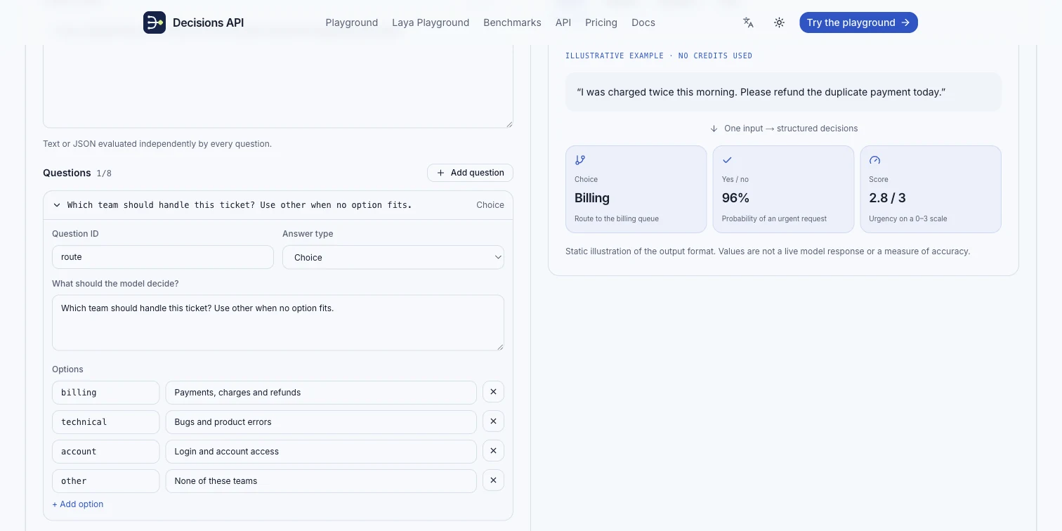 Real decisions-api.org playground showing a support state and a bounded routing question